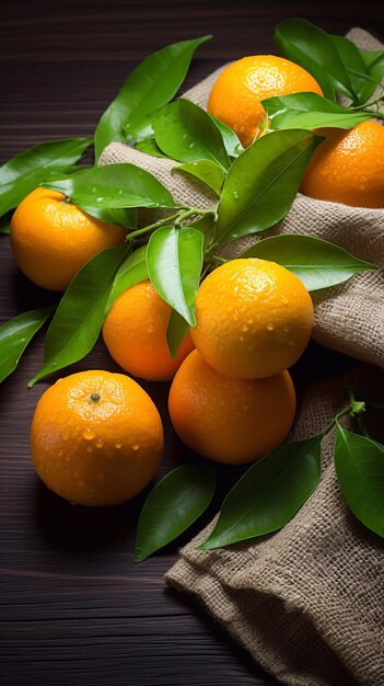 Fresh mandarin oranges fruit or tangerines with leaves in a box on wooden background