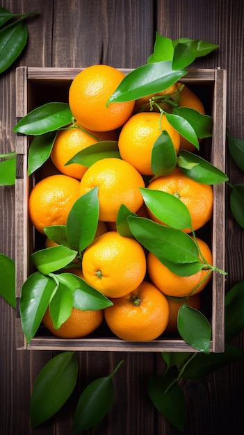 나무 바탕에 상자에 잎이 있는 신선한 만다린 오렌지 과일 또는 만다린