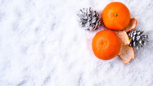 Fresh mandarins, oranges, pomelo, kumquat, kinkan on white snow. Ripe citrus fruits background. Symbol of the New Year and Christmas. Copy space