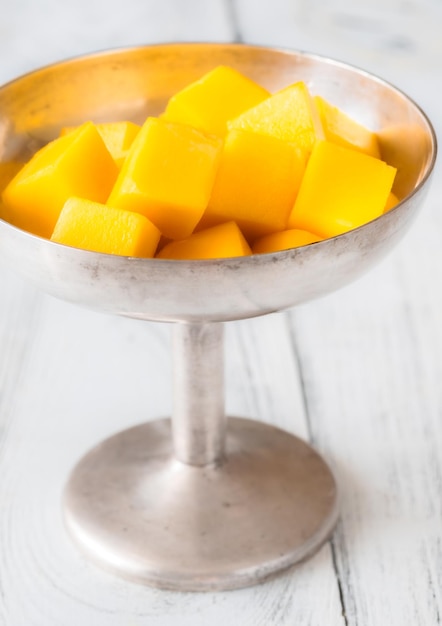 Fresh mango fruit cubes in the bowl