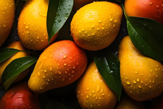 Fresh mango fruits seamless background visible drops of water overhead angle