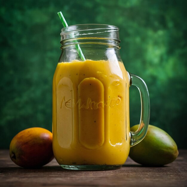 Fresh mango juice in a glass Mason jar and mango on a vintage background