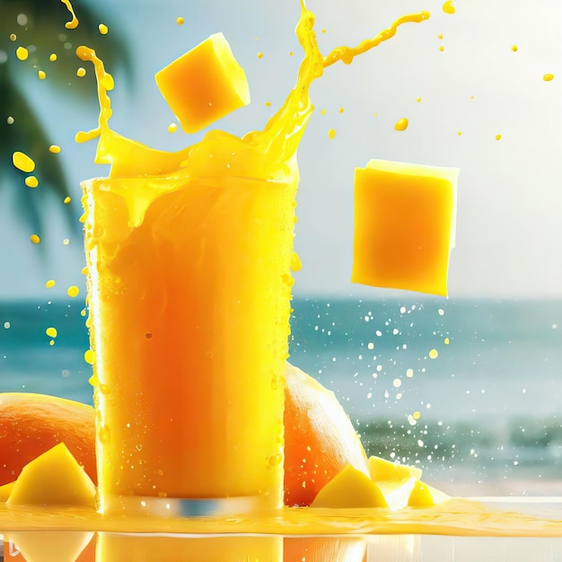 Fresh Mango Juice Splash Tropical Scene in Background