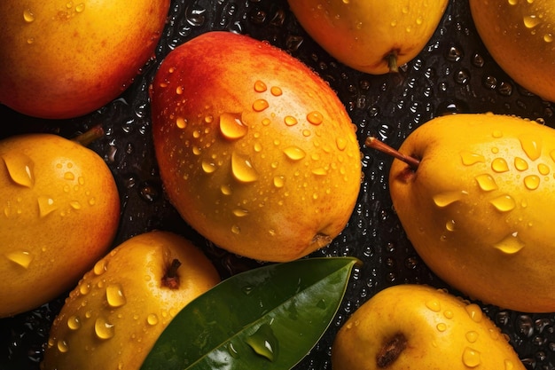 Fresh mango seamless background adorned with glistening droplets of water ai generated