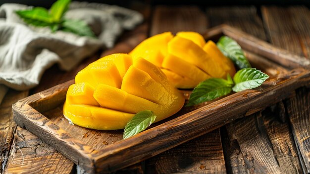 Foto fette di mango fresche su vassoio di legno frutta d'estate rustica da vicino