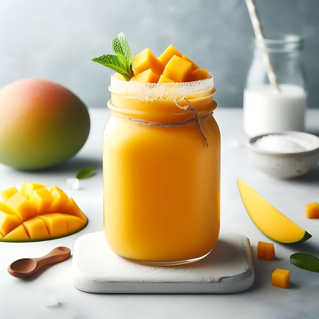 Fresh Mango smoothie in a mason jar on a light background Generative AI