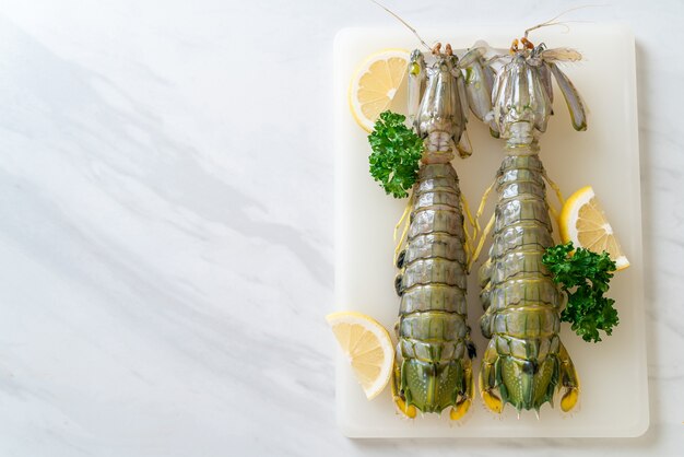 fresh mantis shrimp with lemon on board