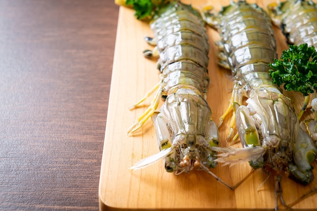 fresh mantis shrimp with lemon on wood board