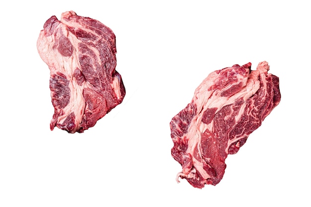 Fresh marbled meat Steaks with meat knife and fork table beef rib eye steak Isolated on white background