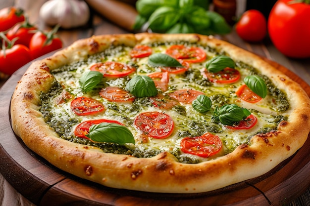 Fresh Margherita Pizza met basilicum en tomaten met AI gegenereerd
