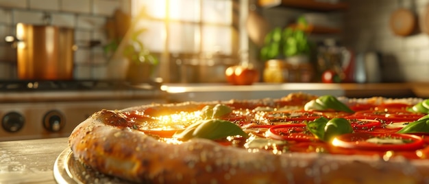 Fresh margherita pizza with basil and tomatoes on a rustic kitchen counter sunlight streaming through the window