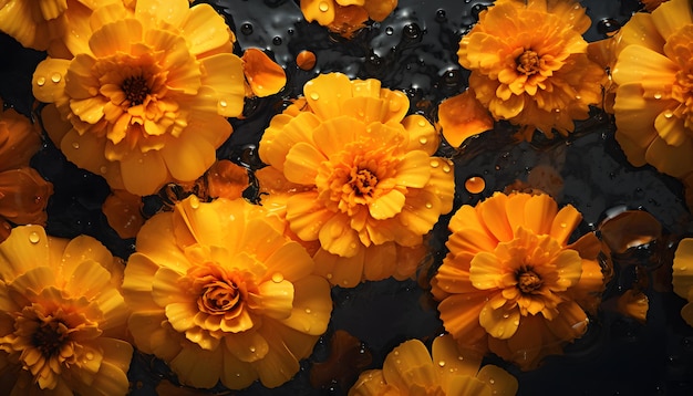 Fresh marigold flower seamless background visible drops of water overhead angle