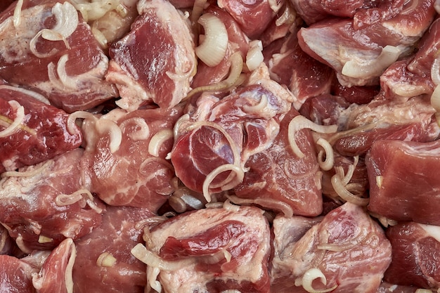 Photo fresh marinated pork kebab in a butcher shop