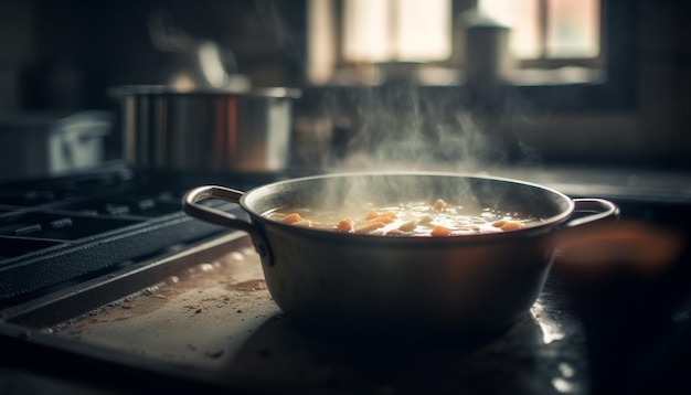 Fresh meal cooking on stove top in domestic kitchen close up generated by AI