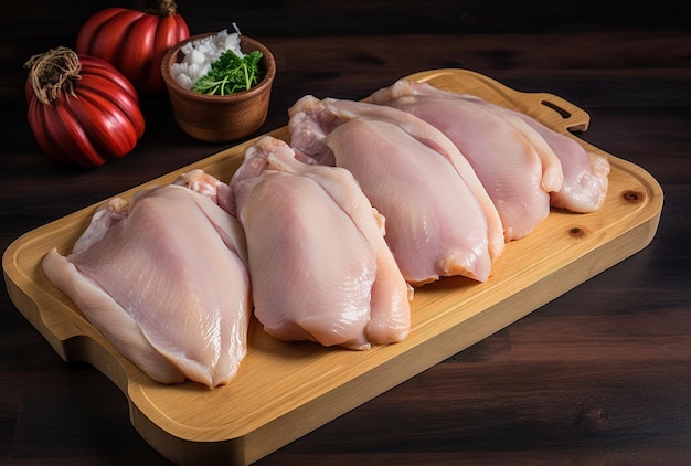 Fresh meat chicken breasts lying on a kitchen board and a black background