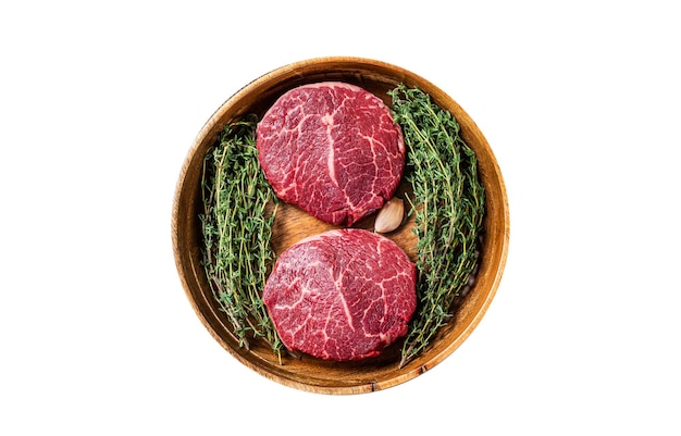 쇠고기 안심에서 신선한 고기 등심 미뇽 스테이크 흰색 배경에 고립