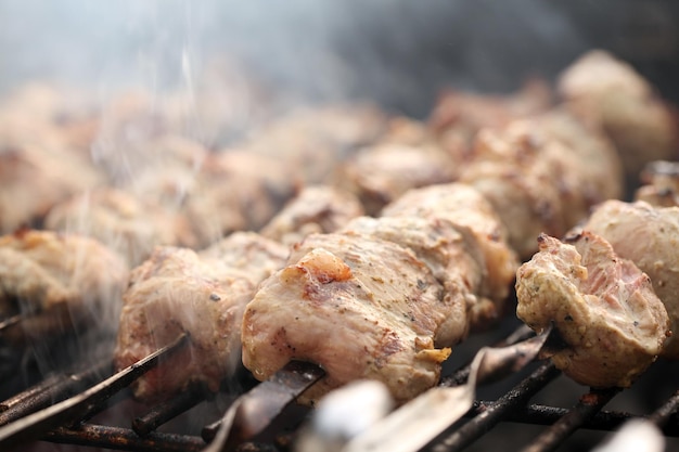 火鉢の鉄串に刺された新鮮な肉