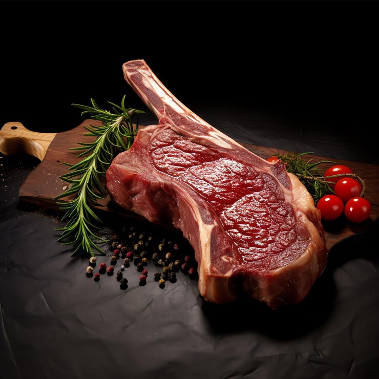 a fresh meat tomahawk steak on old wooden board