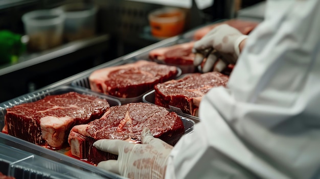 Foto carne fresca in imballaggio al vuoto close up di bistecche di manzo crude in vassoio di plastica