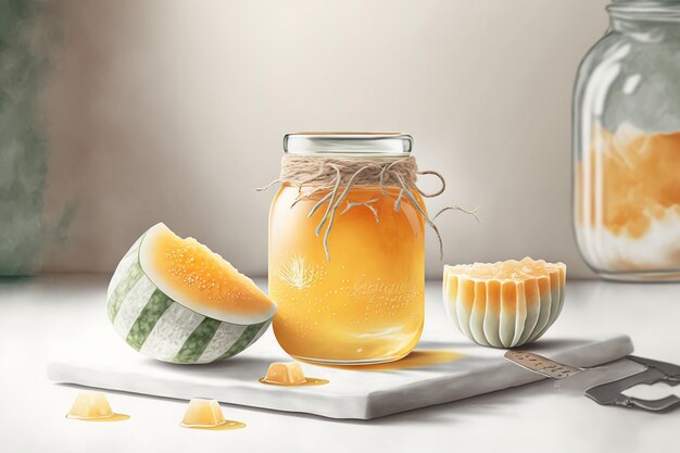 Fresh melon slices and sweet melon jam in a little glass jar of homemade preserves are displayed on a white marble table