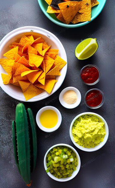 Photo fresh mexican food with nachos ingredients for cooking mexican dishes with empty copy space