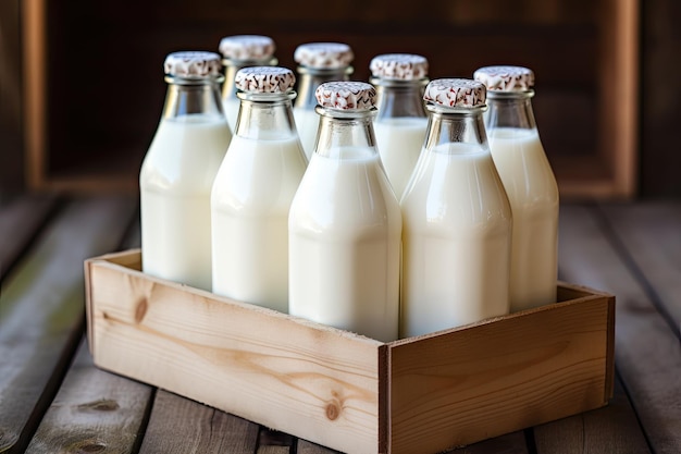 Fresh milk bottles in a wooden box set on a wooden background