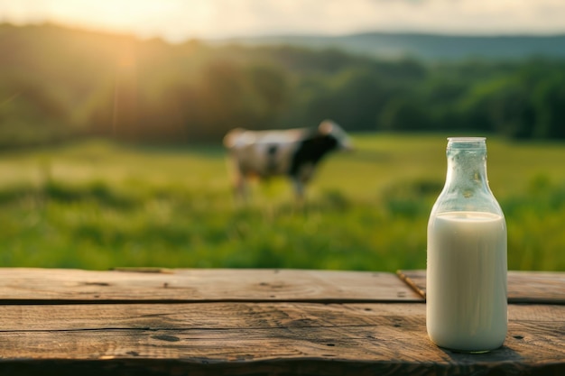 Photo fresh milk and cows on wooden table in morning light