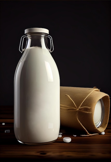 Fresh milk in a glass bottle and empty isolated on dark background AI Generated