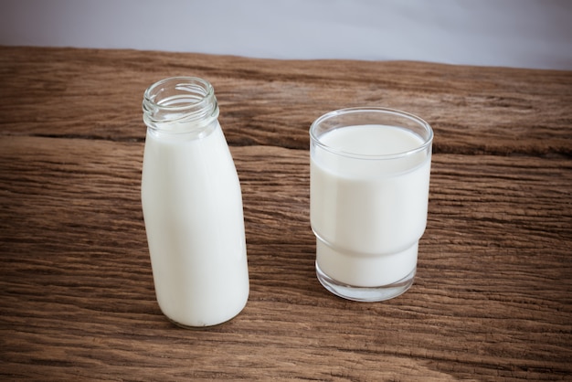 Fresh milk in glass bottle and glass