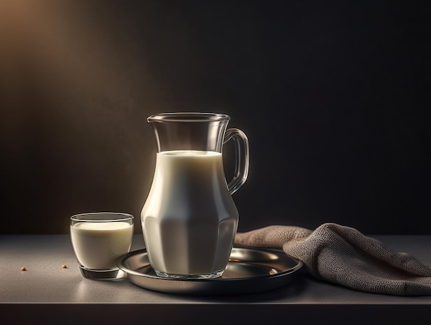 AI が生成したグラスと水差しの分離写真の新鮮な牛乳
