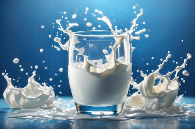 Fresh milk in a glass splashing isolated on blue background ai generative