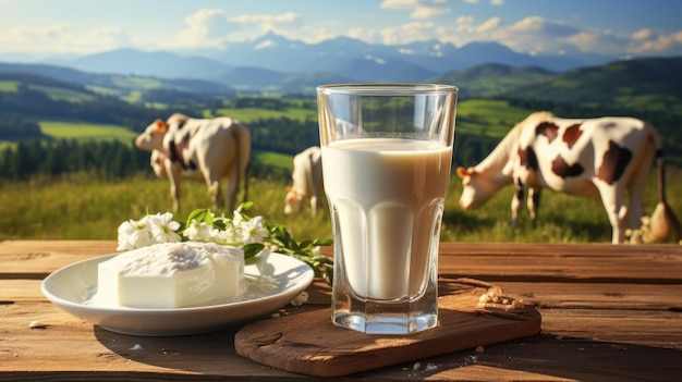 Fresh milk in glass on wooden table Landscape with cows and green grass on the background Created with Generative Ai Technology