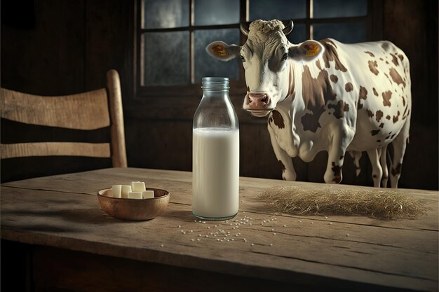 Fresh milk in glass on wooden table ,Rustic style ,Generative AI