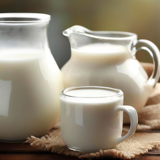 Fresh milk in a mug and jug on wooden table