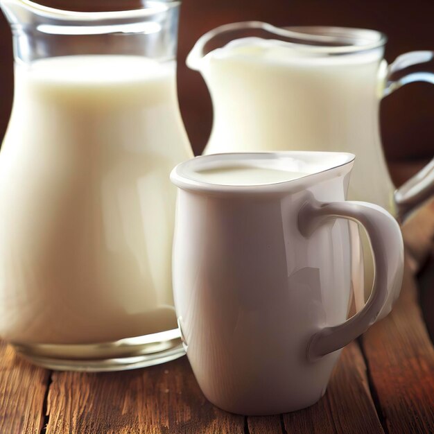 Fresh milk in a mug and jug on wooden table