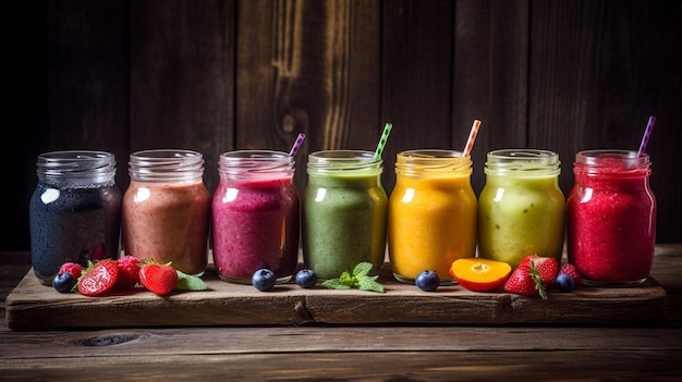Fresh milk strawberry blueberry and banana drinks on wooden table Assortment of smoothies