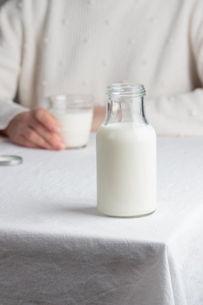 Fresh Milk on the table with white tablecloth