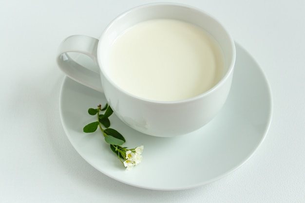 fresh milk in a white cup on a white table