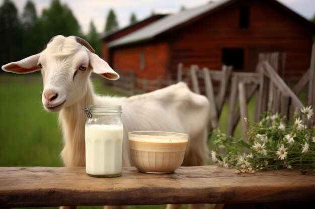 Photo fresh milk on a wooden table with a goat in a meadow in the background generative ai illustration