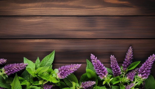 Fresh mint and flowers on wooden background Top view with copy space