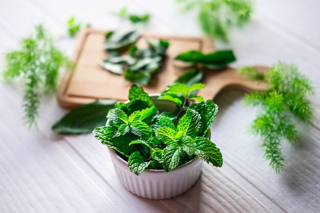 Erbe di menta fresca in una ciotola bianca