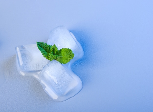 Foto menta fresca e cubetti di ghiaccio su una superficie blu