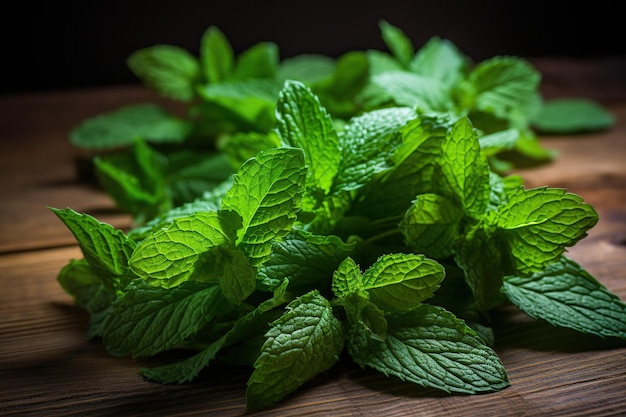 Fresh mint leafs on brown wooden background