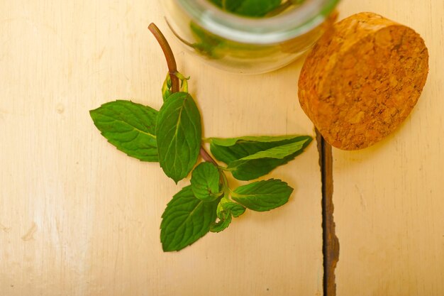 Fresh mint leaves on a glass jar