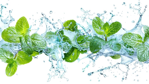 fresh mint leaves surrounded by dynamic splashes of water on a white background