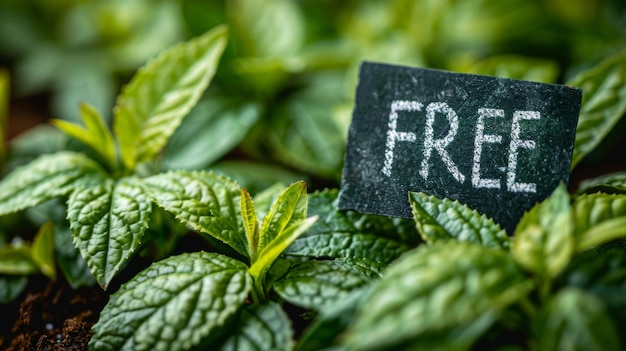 Fresh mint leaves with free label on wooden background Selective focus