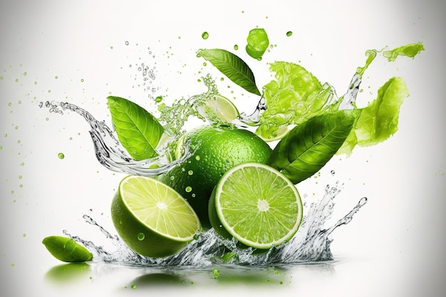 Fresh mint ripe lime and water splashes over a white background