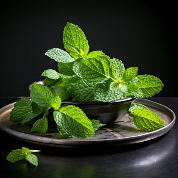 Fresh mint on the table on a dark background Generative AI