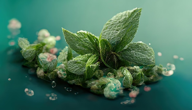 Fresh mint twig with lush leaves and water drops on green