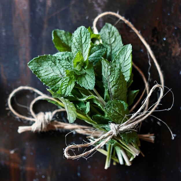 Fresh mint with old twine On dark rustic background